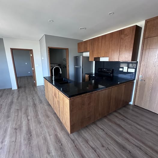 Cocina integral de madera con cubierta de cuarzo negro