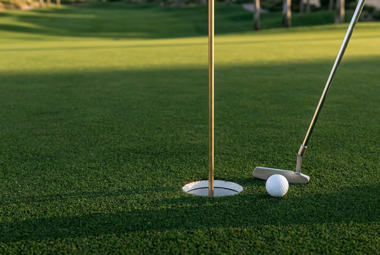 Primer plano del hoyo de golf, bandera, pelota y palo