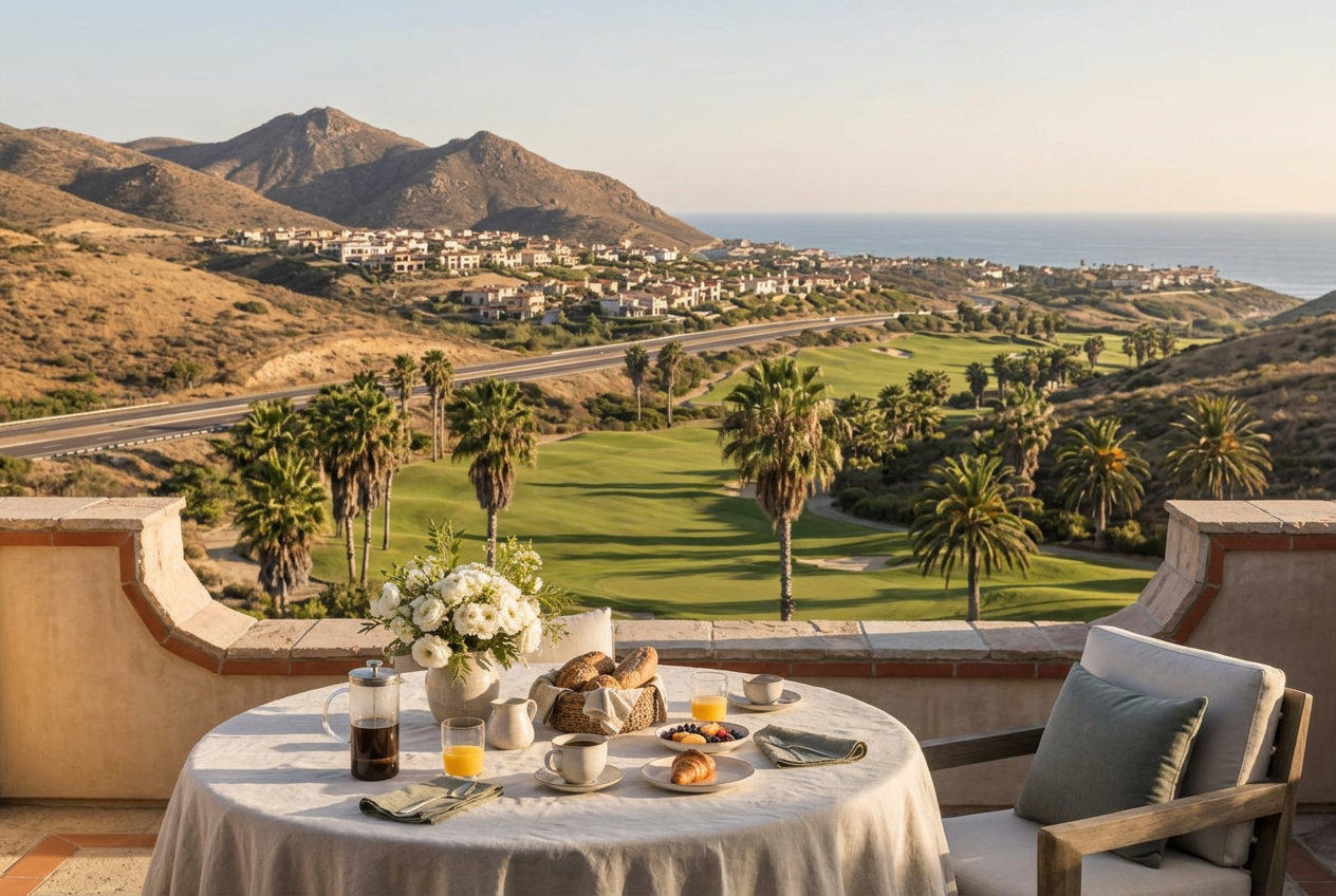 Desayuno en la terraza con vista al golf y al océano